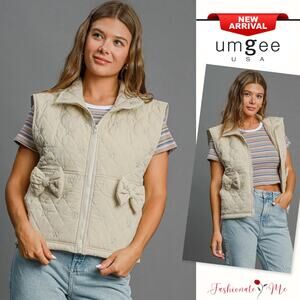 Umgee Diamond Pattern Bow Details Sleeveless Zipper Quilted Vest Jacket | Cream